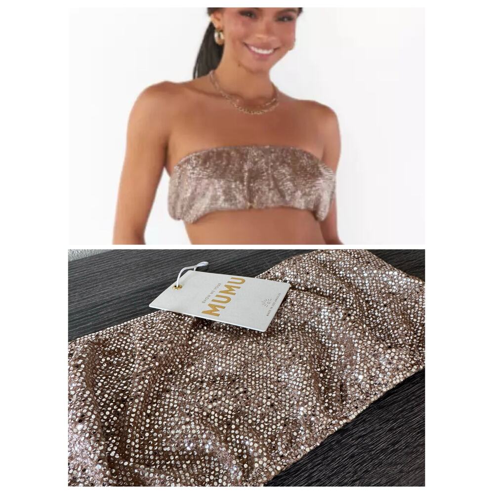 NWT Show Me Your Mumu Micro Tube Top Champagne Silver Confetti Revolve Sz Large